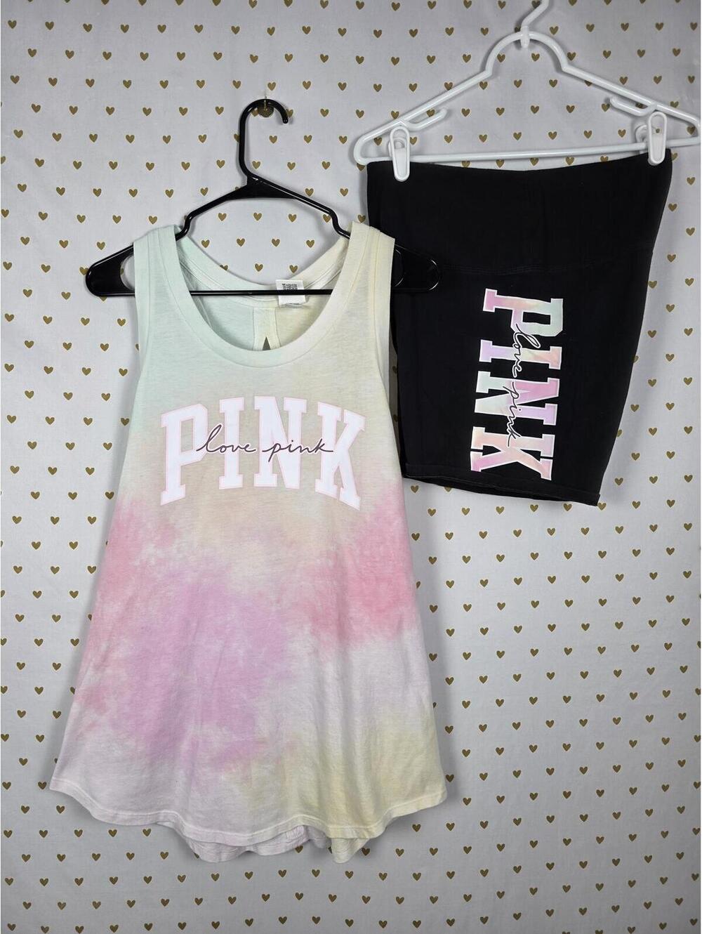 Victorias Secret PINK Watercolor Open Back Logo Tank Top Bike Shorts SET LARGE